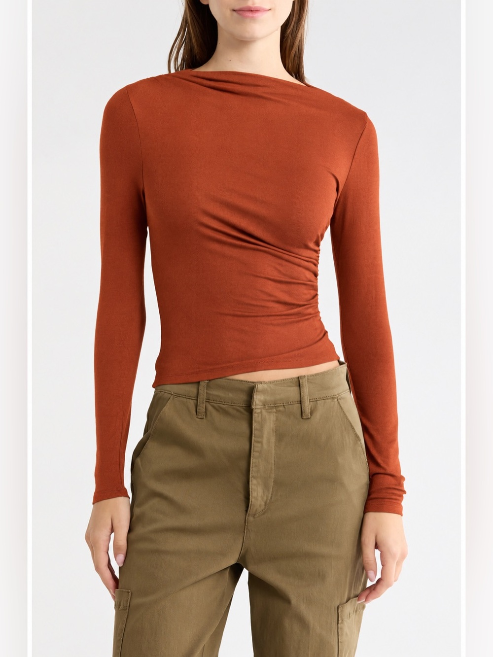 NWT Habitual Mock Neck Long Sleeve Rust Burnt Orange Ruched Top Casual Stretchy